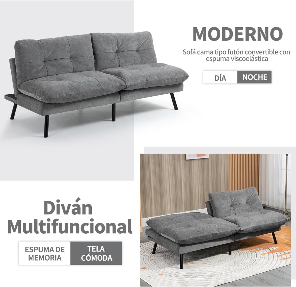 Sofá Cama de 2 Plazas, Sofá de Dos Usos Futon de Estilo Moderno, con Respaldo Doble Ajustable de 120 a 180 Grados, Salas de Estar y Dormitorios, Tela de Lino, Gris