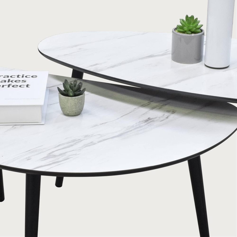 Mesa de Centro para Sala Tipo Marmol para Sala, Set de 2 Piezas, Juego de Mesa, de Cafe o Mesas Laterales Auxiliares, Estructura Resistente, Diseño Moderno