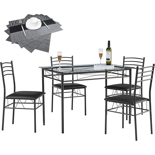 juego de mesa de comedor con mesa de vidrio para 4, Negro