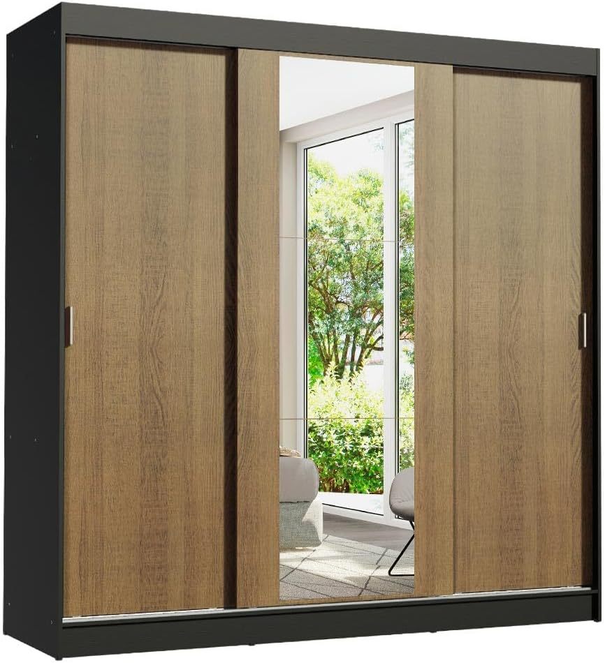 Armario de madera maciza de 3 puertas con 1 espejo - Negro/Marrón
