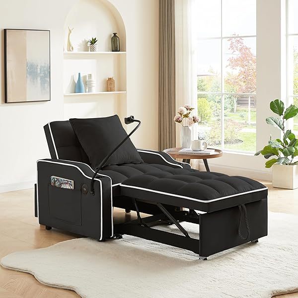 Sofá cama extraíble 3 en 1, sillón convertible individual, sofá cama de terciopelo para invitados, futón decorativo, sillón ajustable con USB, portavasos, soporte para teléfono, bolsillos laterales y almohada lumbar