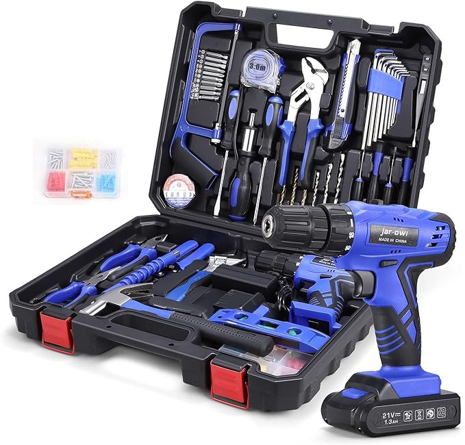 Juego de herramientas diarias para el hogar con taladro, juego de taladro inalámbrico de 21 V con 112 piezas kit de herramientas de mano combinado para reparación del hogar para hombres