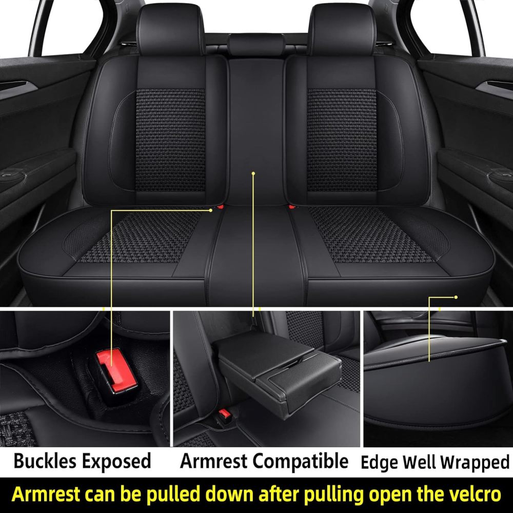 hikeaglauto Juego completo de fundas de asiento de coche, de piel sintética para autos, SUV, súper transpirables, universales, para la mayoría de los sedanes (juego completo, negro)