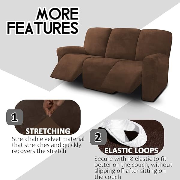 Fundas de sofá reclinables de terciopelo de 8 piezas, fundas elásticas para sofá reclinable de 3 cojines, fundas para sofá reclinable, muebles