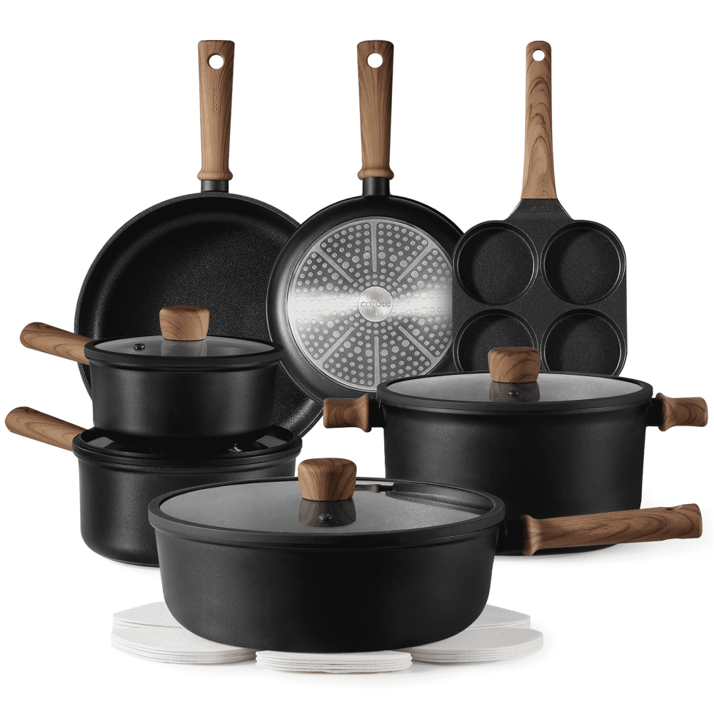 Juegos de utensilios de cocina antiadherentes, juego de 15 ollas y sartenes antiadherentes de granito, utensilios de cocina de inducción, color negro
