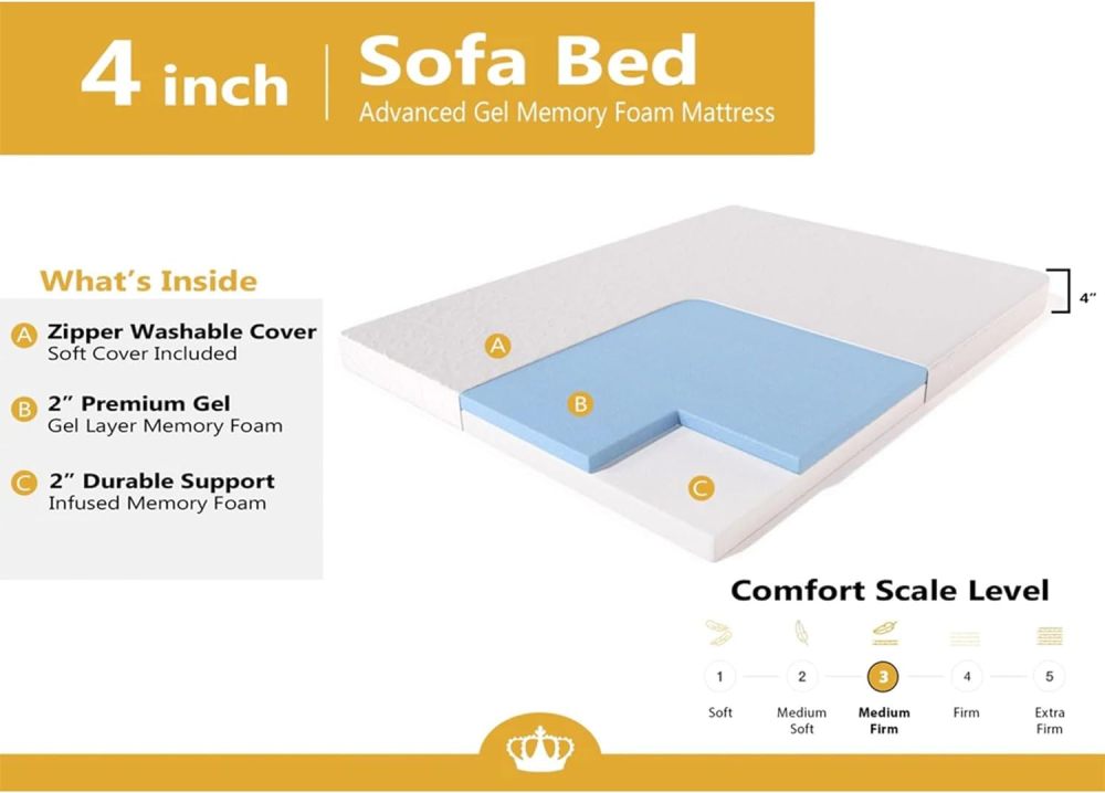 DynastyMattress Colchón de Espuma viscoelástica de Gel frío de 4 Pulgadas para sofá Plegable Convertible