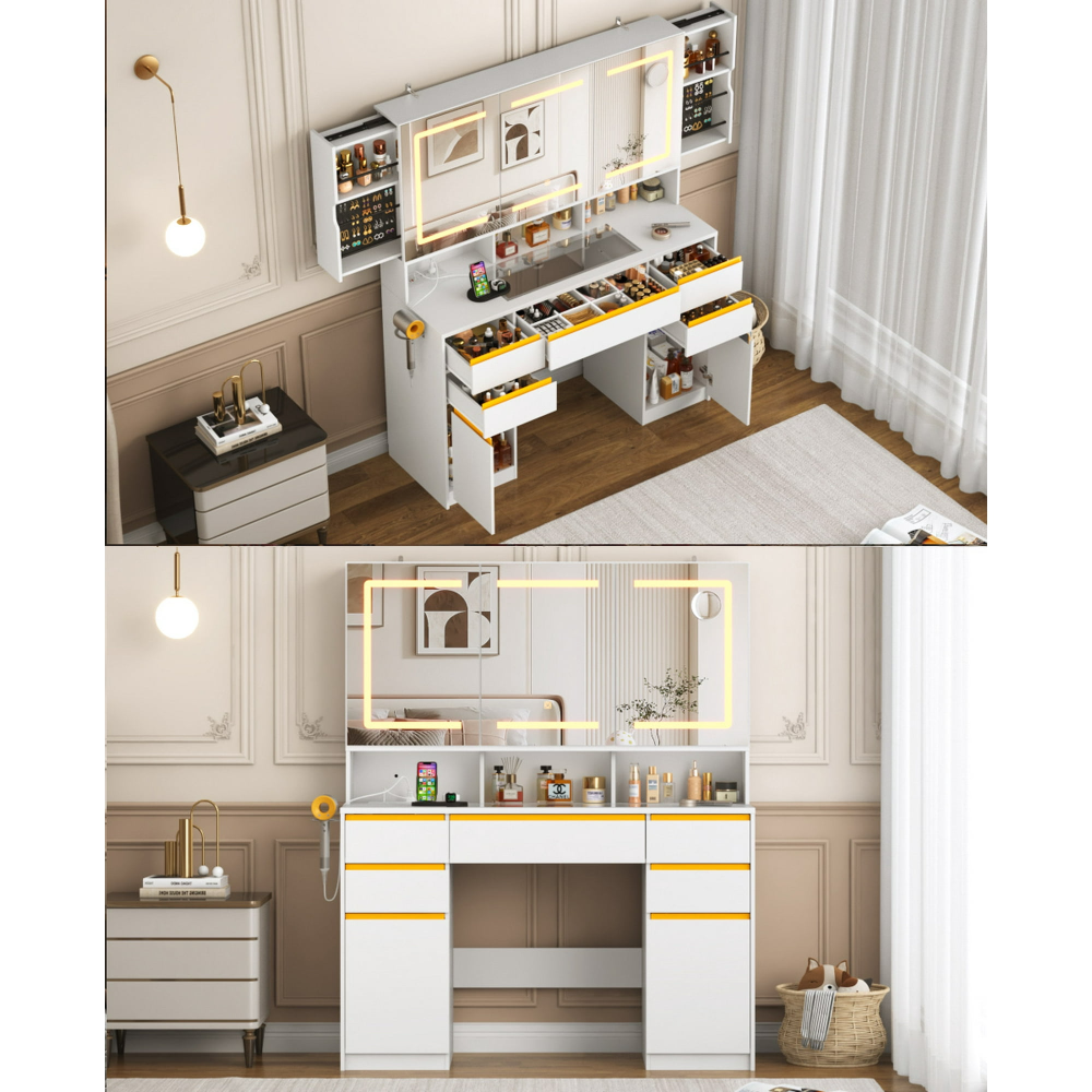 Tocador grande de 47" con espejo con luz LED, toma de corriente y 7 cajones, juego de tocador con taburete de almacenamiento y soporte para secador de pelo.