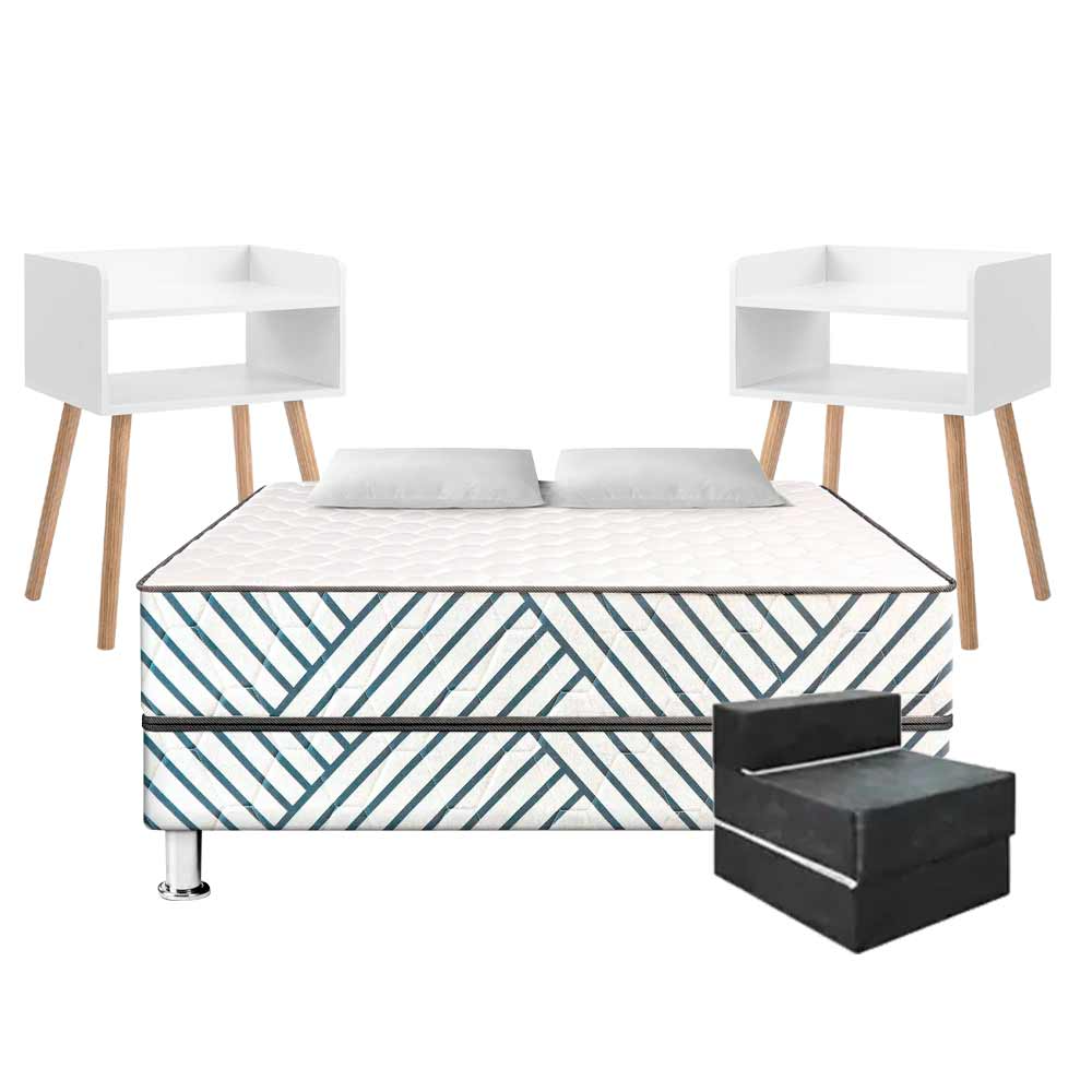 Pack Cama Palmera 2 Plazas + Sofá Cama + Veladores Amelie 55cm