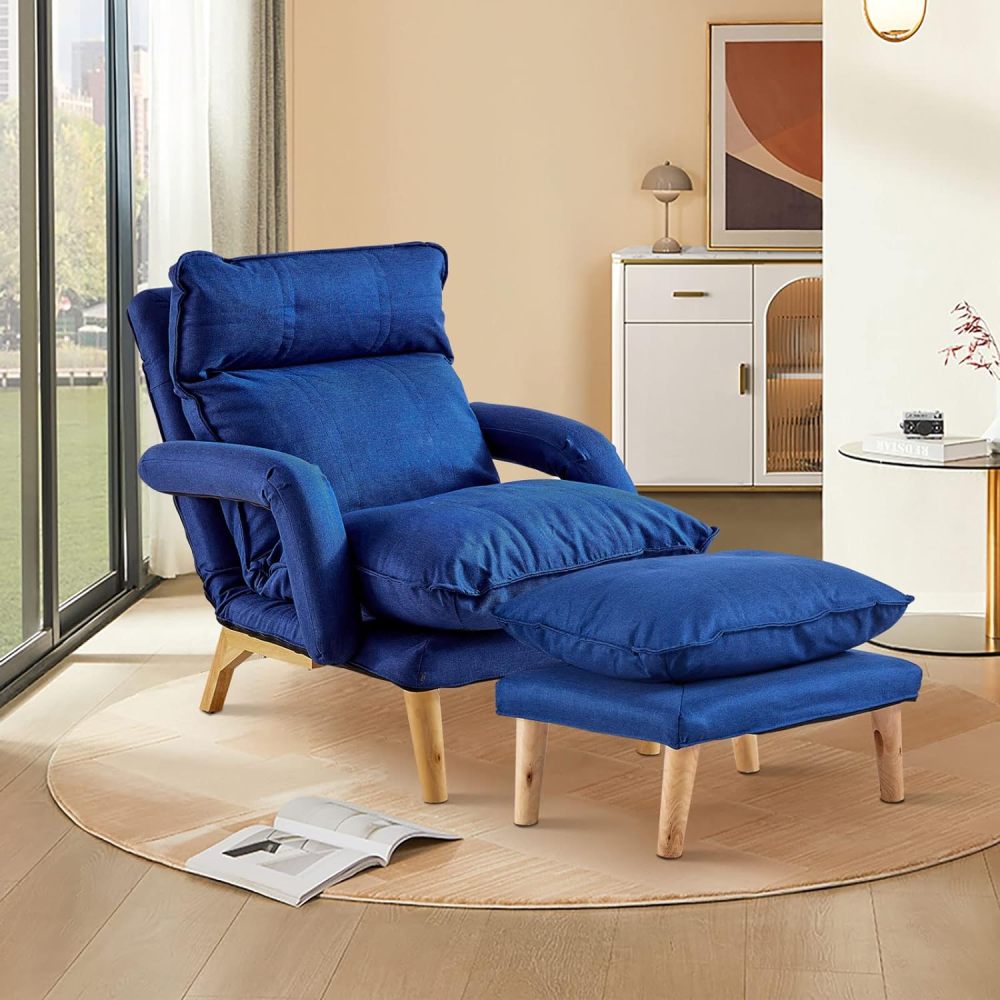 Modern Living Room Accent Chair w/ Ottoman, Comfy Linen Armchair w/ Adjustable Backrest, Solid Wood Legs, Sofa Chair w/Footrest