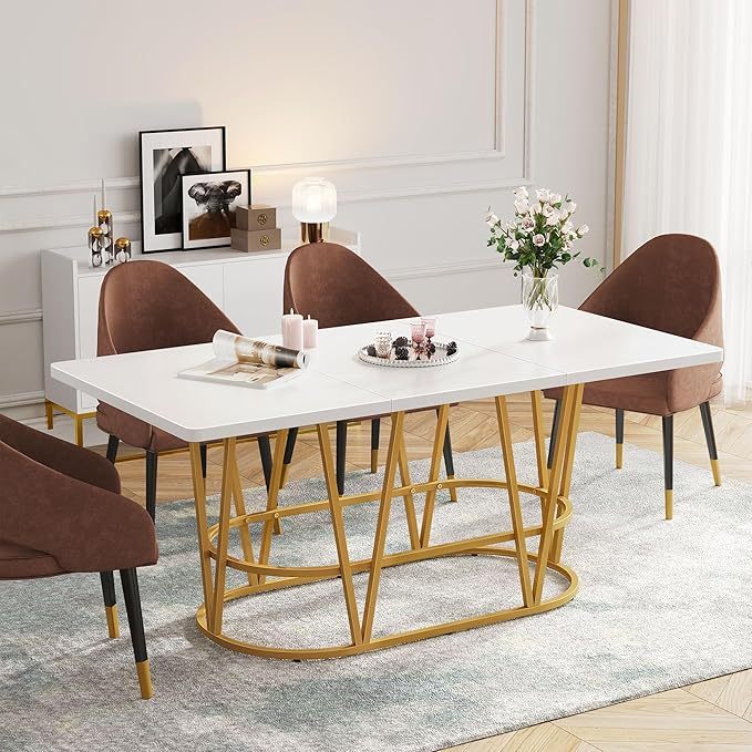 Mesa de Comedor Moderna para 6 a 8 Personas, Mesa de Cocina grande de 70.3 Pulgadas con Mesa de mármol sintético y Patas geométricas Doradas, Mesa de Comedor de Madera para reuniones