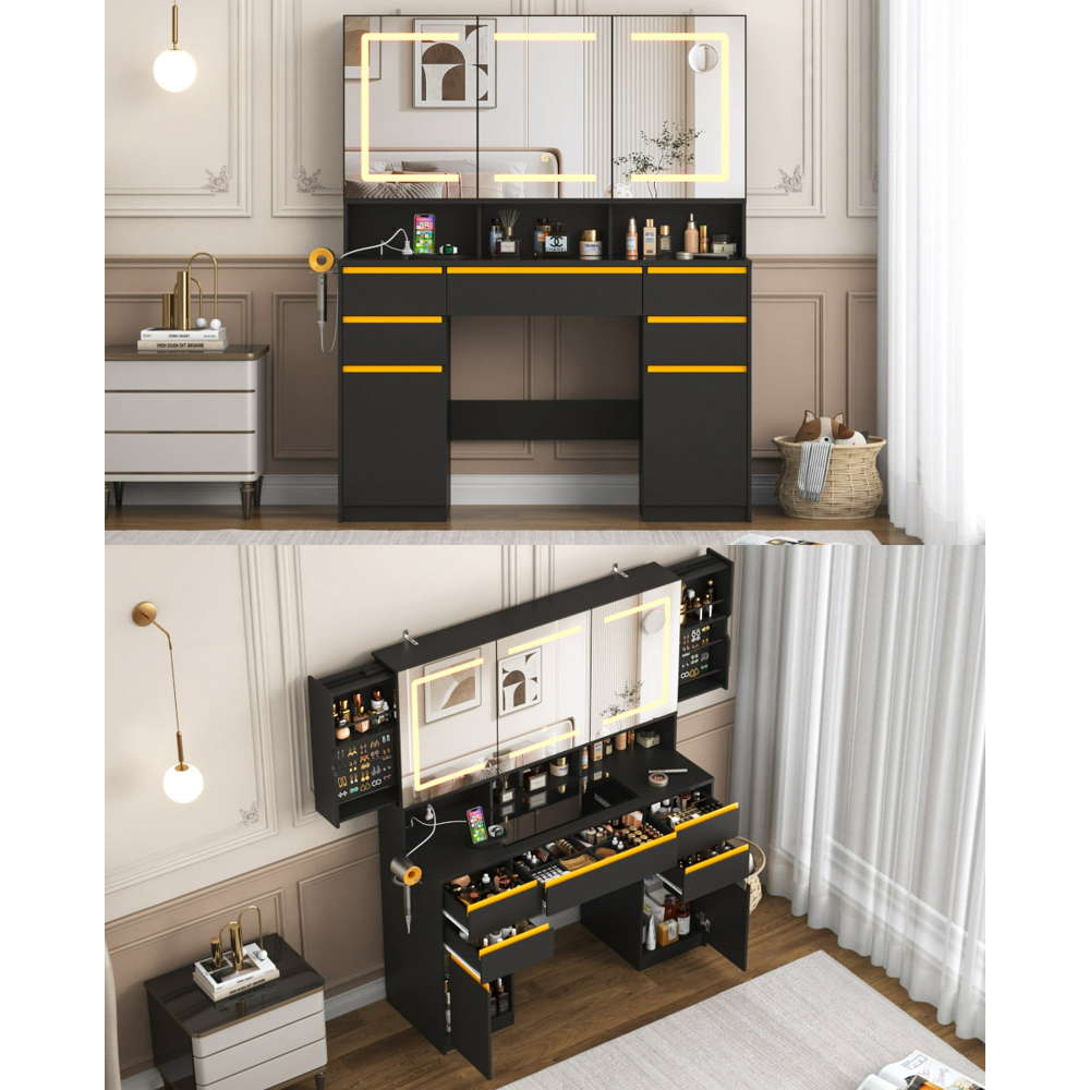 Tocador grande de 47" con espejo con luz LED, toma de corriente y 7 cajones, juego de tocador con taburete de almacenamiento y soporte para secador de pelo.
