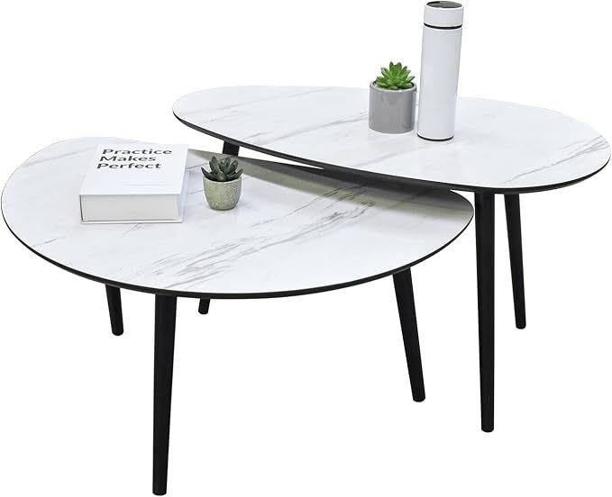 Mesa de Centro para Sala Tipo Marmol para Sala, Set de 2 Piezas, Juego de Mesa, de Cafe o Mesas Laterales Auxiliares, Estructura Resistente, Diseño Moderno