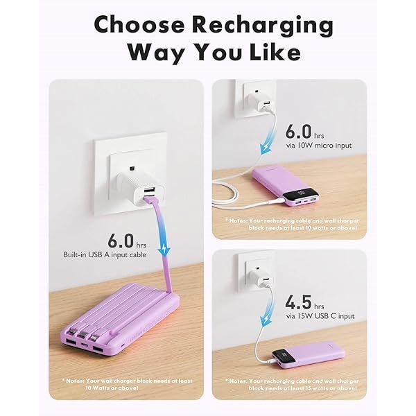 Portable Charger with Built in Cables, Portable Charger with Cords Wires Slim 10000mAh Travel Essentials Battery Pack 6 Outputs 3A High Speed Power Bank for iPhone Samsung Pixel LG Moto iPad A-Black