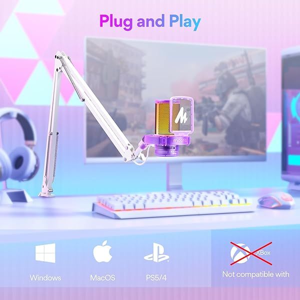 Micrófono USB para juegos, micrófono de condensador con cancelación de ruido, silenciador, ganancia, monitoreo y brazo articulado para transmisión