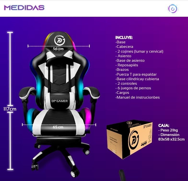 SILLA GAMER NEGRO DP PRO-LB LUZ RGB BLUETOOTH MASAJEADOR COLOR