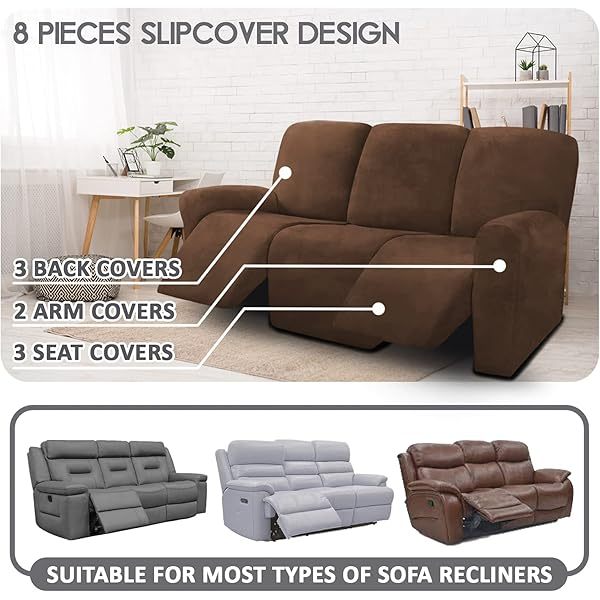 Fundas de sofá reclinables de terciopelo de 8 piezas, fundas elásticas para sofá reclinable de 3 cojines, fundas para sofá reclinable, muebles