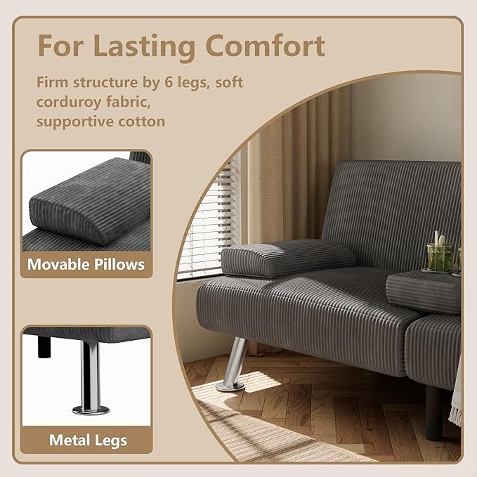 Futón sofá cama, sofá plegable de pana ajustable, sofá cama para apartamentos pequeños, juego de muebles tapizados para sala de estar con 2 soportes para tazas (verde)