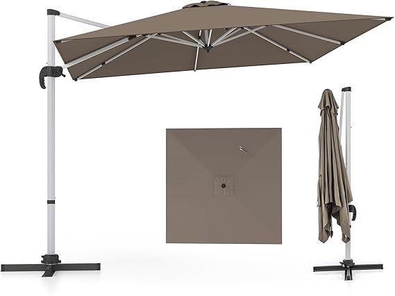 COSTWAY Sombrilla Terraza Exterior rectangular con Base 3x3m, Parasol Jardin Excentrico, Rotación de 360°, Inclinación Ajustable, Guarda Sol Jardin Exterior, Manivela y Base en Cruz