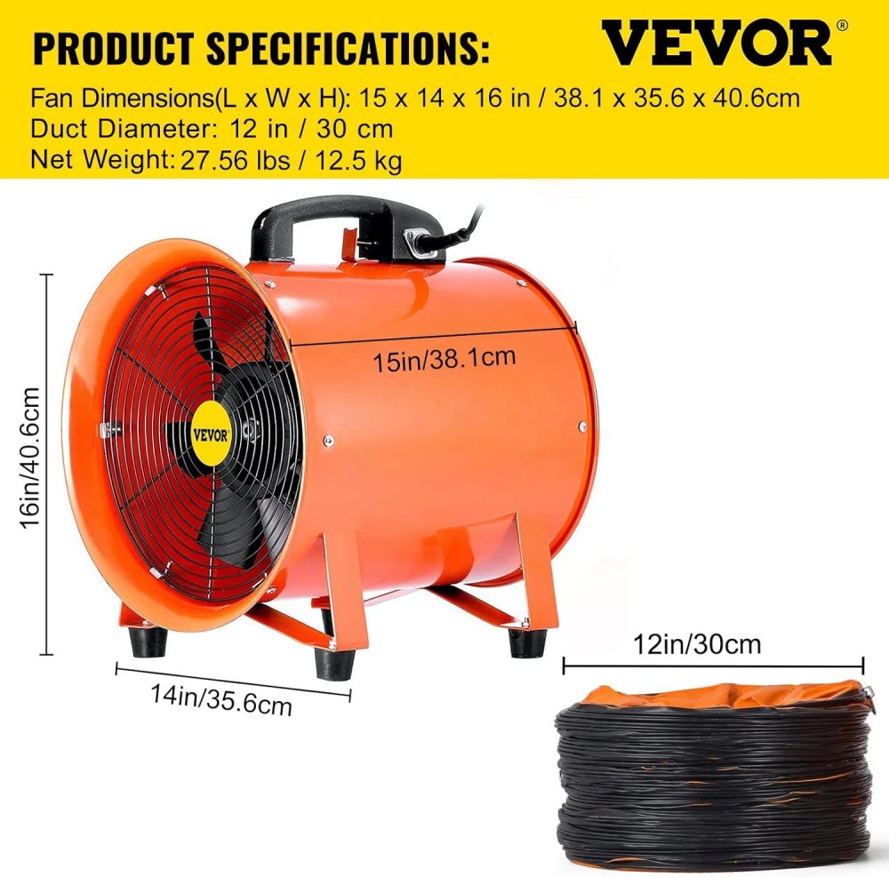 Ventilador de manguera axial para soplador/escape, 12 pulgadas, ventilador portátil de alta velocidad de 3900 m3/h, ventilador extractor de bajo ruido con manguera de conducto de 5 m