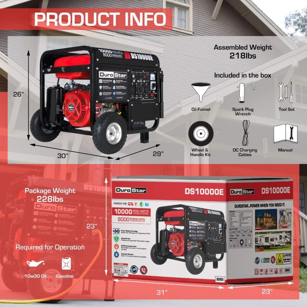 DS10000EH Generador portátil de Doble Combustible, 10000 W, Arranque eléctrico, Respaldo en casa y Listo para RV, Aprobado por 50 Estados, Rojo/Negro