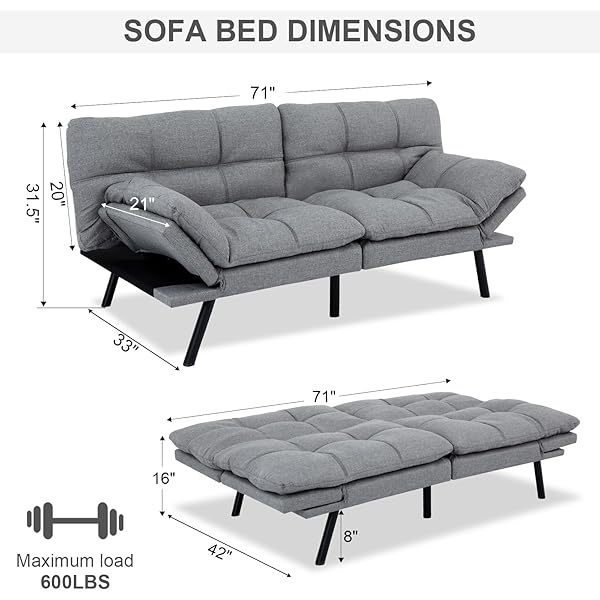Sofá cama futón de espuma viscoelástica ajustable, sofá con respaldo convertible y reposabrazos, futón plegable, moderno futón cama para sala de estar, apartamento, oficina, habitación pequeña, sofá cama de 71 pulgadas, color negro