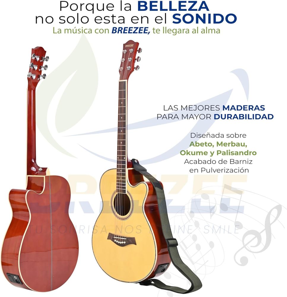 Guitarra Electroacústica de 40” Diseñada sobre Abeto, Merbau, Okume y Palisandro. Acabado de Barniz en Pulverización, Incluye Set de Accesorios Completo para Principiante