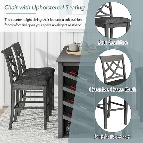 Juego de mesa de comedor de altura de mostrador con 4 sillas, mesa de cocina de madera maciza con gabinete de almacenamiento y cajón, tablero de mesa de mármol sintético, color negro
