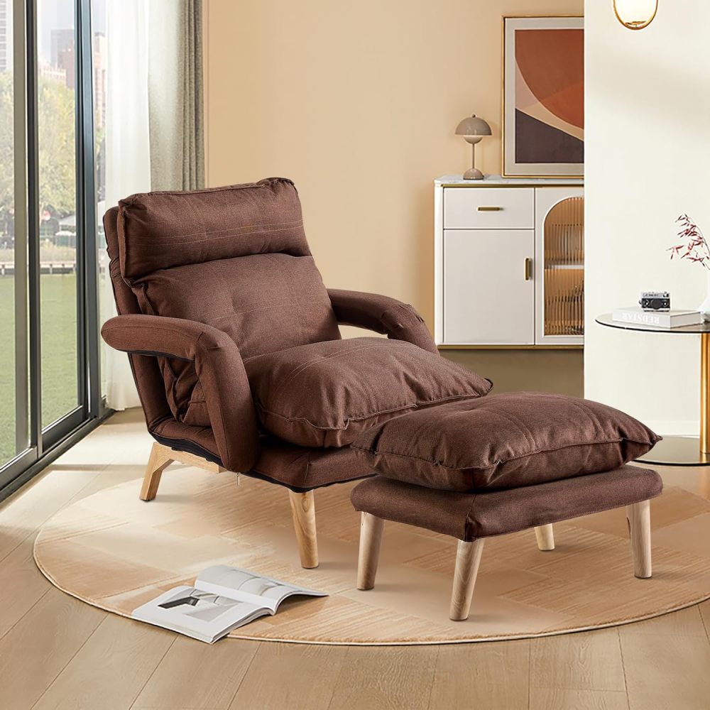 Modern Living Room Accent Chair w/ Ottoman, Comfy Linen Armchair w/ Adjustable Backrest, Solid Wood Legs, Sofa Chair w/Footrest