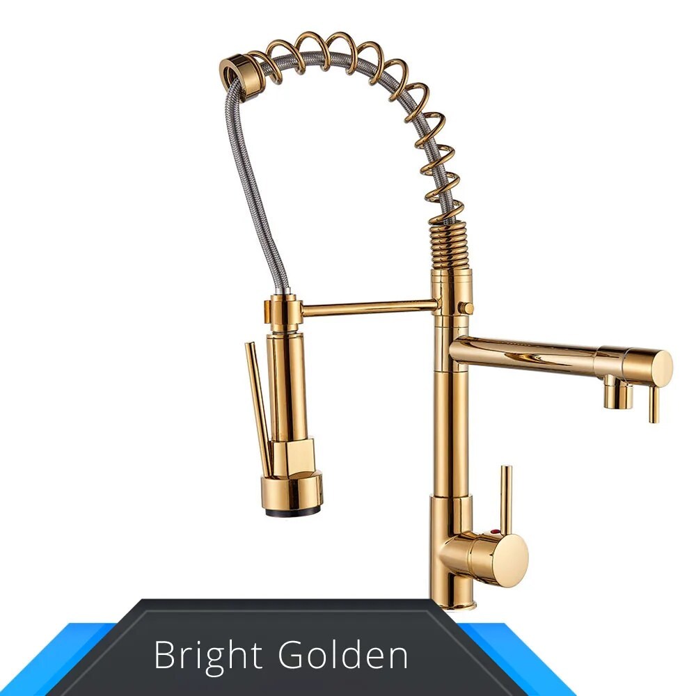 Grifo de cocina desplegable con resorte dorado y negro y rosa, mezclador de agua fría y caliente, grifo tipo grúa