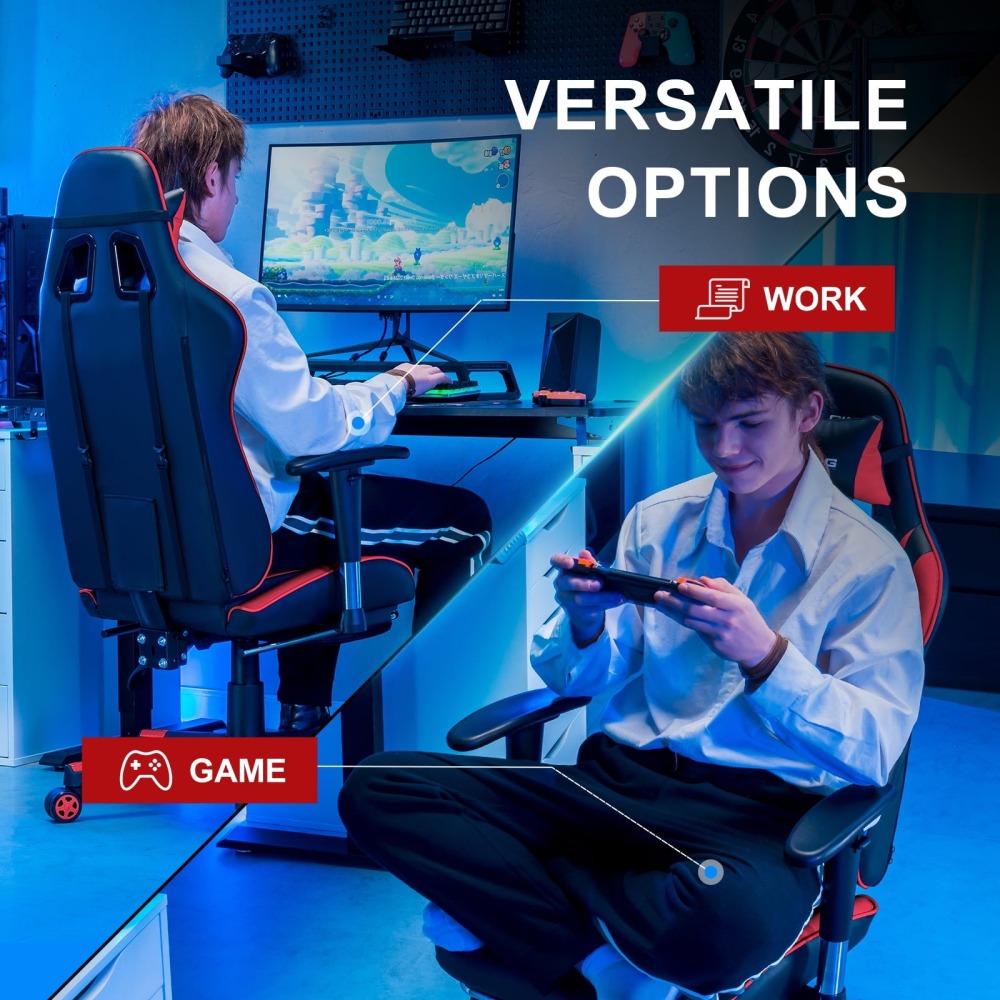 Silla gaming, silla ergonómica de escritorio con soporte lumbar, cuero sintético, reposapiés y reposacabezas ajustable.