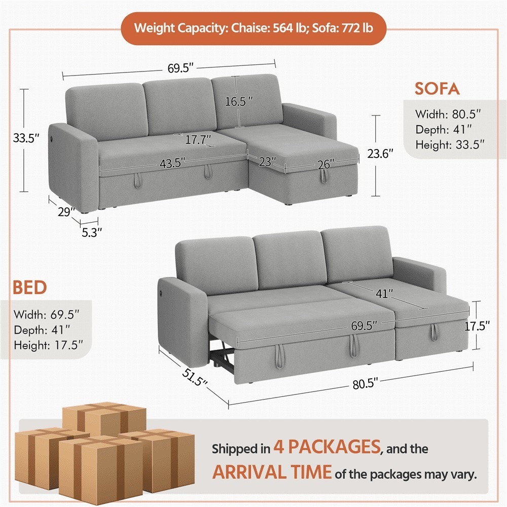 Sofá Seccional Reversible Alden Design con Puertos USB y Type-C para Sala de Estar