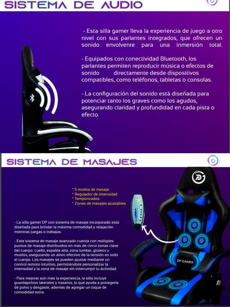 SILLA GAMER NEGRO DP PRO-LB LUZ RGB BLUETOOTH MASAJEADOR COLOR