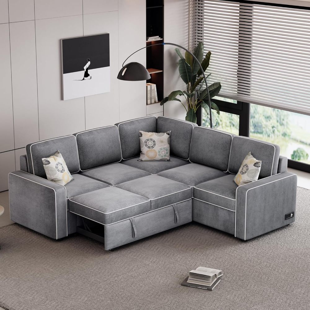 Sofá seccional convertible, sofá cama extraíble con 3 almohadas y 2 puertos USB