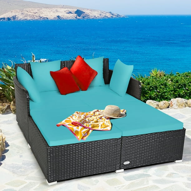 Costway Sofá Cama de Ratán para Exteriores con Cojines y Cojines, Color TurquesaCostway Sofá Cama de Ratán para Exteriores con Cojines y Cojines, Color Turquesa