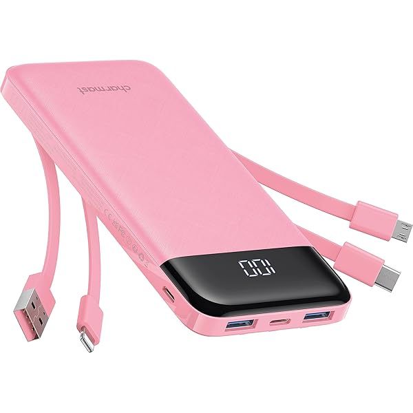 Portable Charger with Built in Cables, Portable Charger with Cords Wires Slim 10000mAh Travel Essentials Battery Pack 6 Outputs 3A High Speed Power Bank for iPhone Samsung Pixel LG Moto iPad A-Black