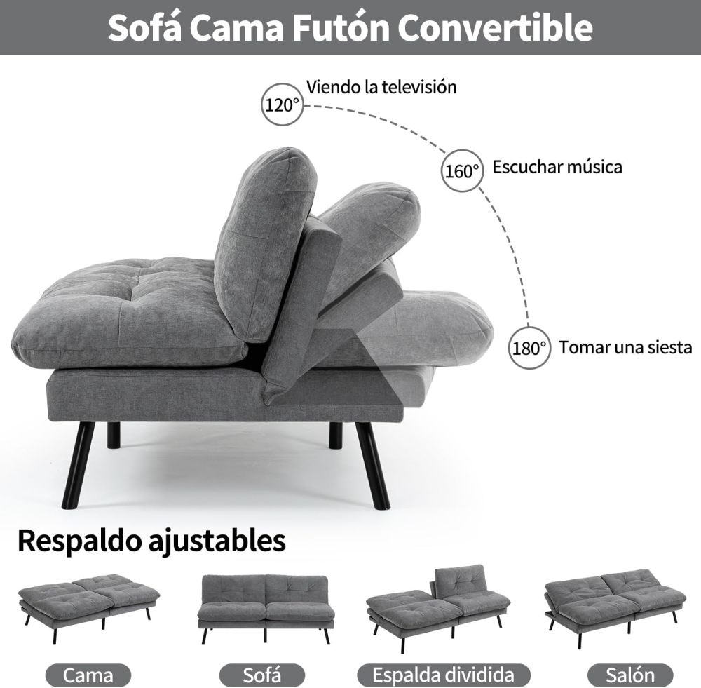 Sofá Cama de 2 Plazas, Sofá de Dos Usos Futon de Estilo Moderno, con Respaldo Doble Ajustable de 120 a 180 Grados, Salas de Estar y Dormitorios, Tela de Lino, Gris