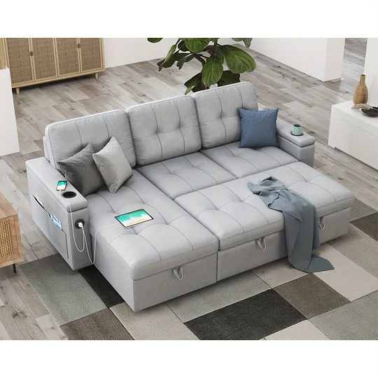 Sofá cama capitoné extra grande de 84" con almacenamiento - 2 puertos USB, portavasos, sillón reclinable en forma de L, estructura de madera maciza y estilo contemporáneo - Gris claro