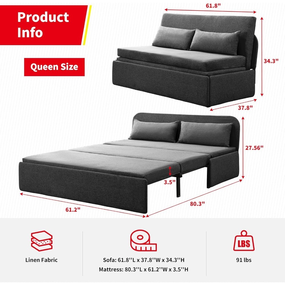 Sofá cama Queen plegable, colchón convertible, sofá cama doble plegable con 2 cojines, sofá cama