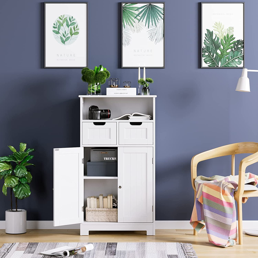 Homfa - Mueble de almacenamiento para el suelo del baño, armario de madera para ropa blanca con estante ajustable, organizador independiente para la oficina y la sala de estar, color blanco