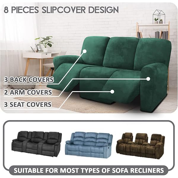 Fundas de sofá reclinables de terciopelo de 8 piezas, fundas elásticas para sofá reclinable de 3 cojines, fundas para sofá reclinable, muebles