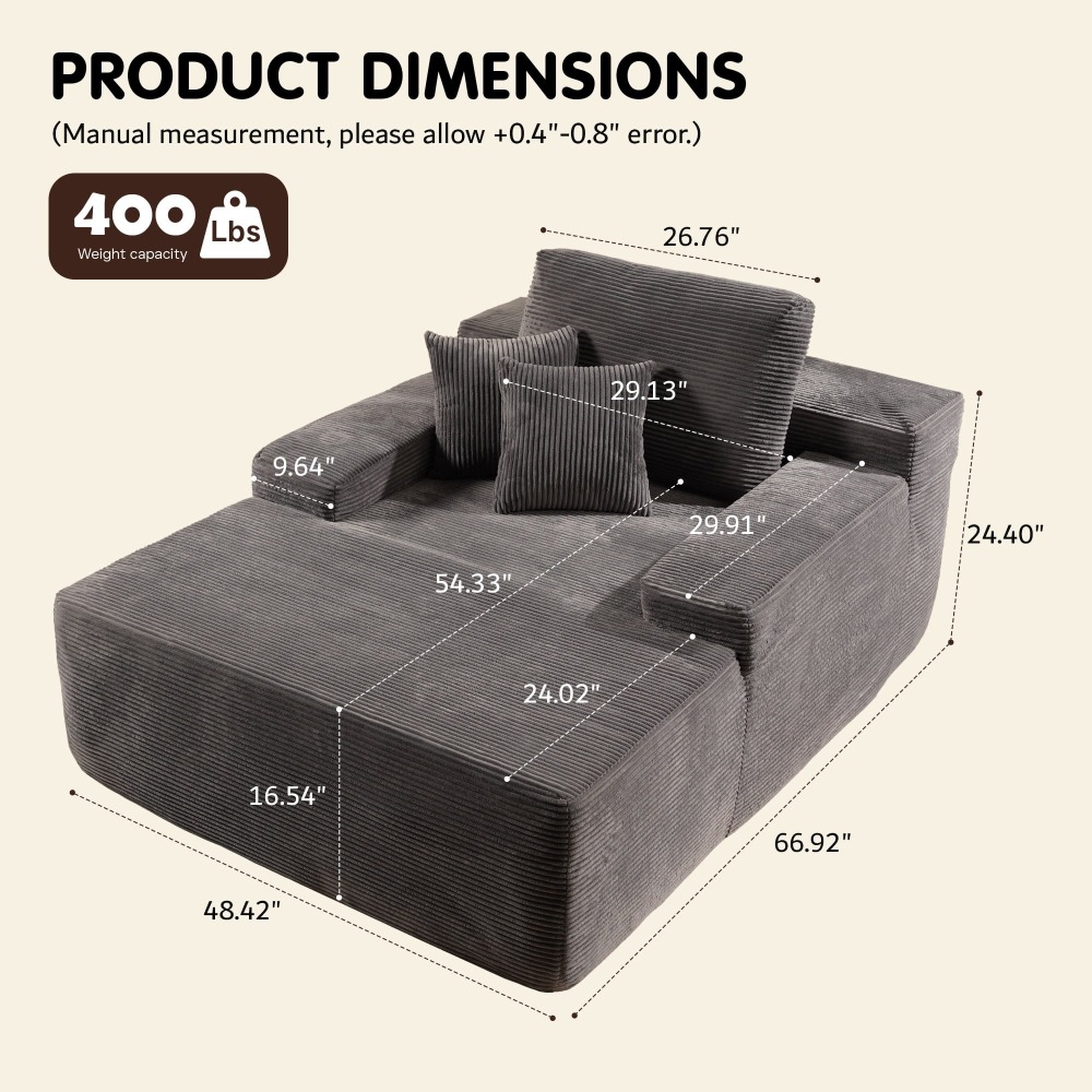 Sillón Chaise Lounge Gigante Ovios 170x122cm - Sofá Cama Ultra Cómodo de Pana, Sin Montaje, Para Salón
