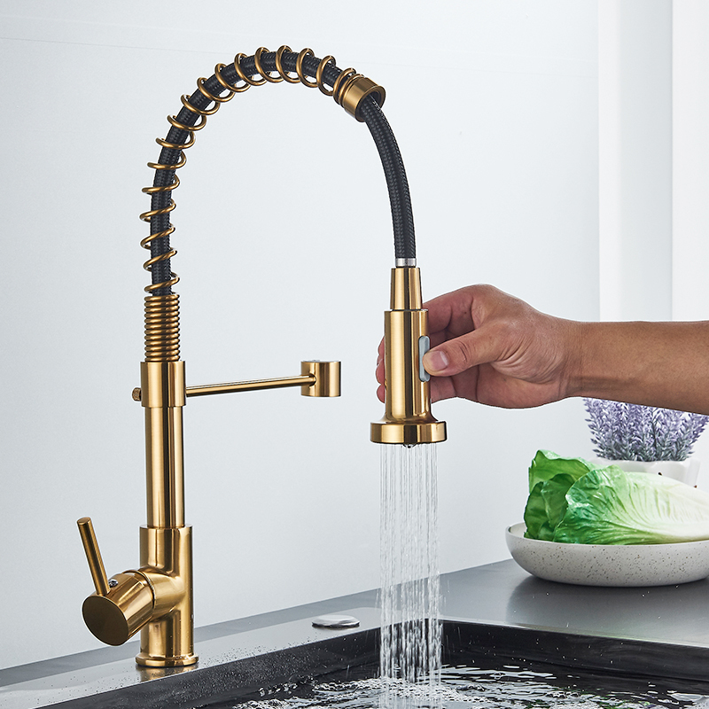 Brushed Gold Kitchen Faucet Pull Down Kitchen Faucet Single Handle Mixer Tap 360 Rotation