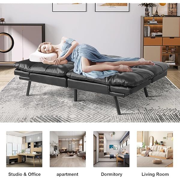 Sofá cama futón de espuma viscoelástica ajustable, sofá con respaldo convertible y reposabrazos, futón plegable, moderno futón cama para sala de estar, apartamento, oficina, habitación pequeña, sofá cama de 71 pulgadas, color negro
