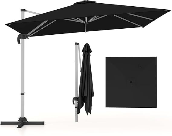 COSTWAY Sombrilla Terraza Exterior rectangular con Base 3x3m, Parasol Jardin Excentrico, Rotación de 360°, Inclinación Ajustable, Guarda Sol Jardin Exterior, Manivela y Base en Cruz