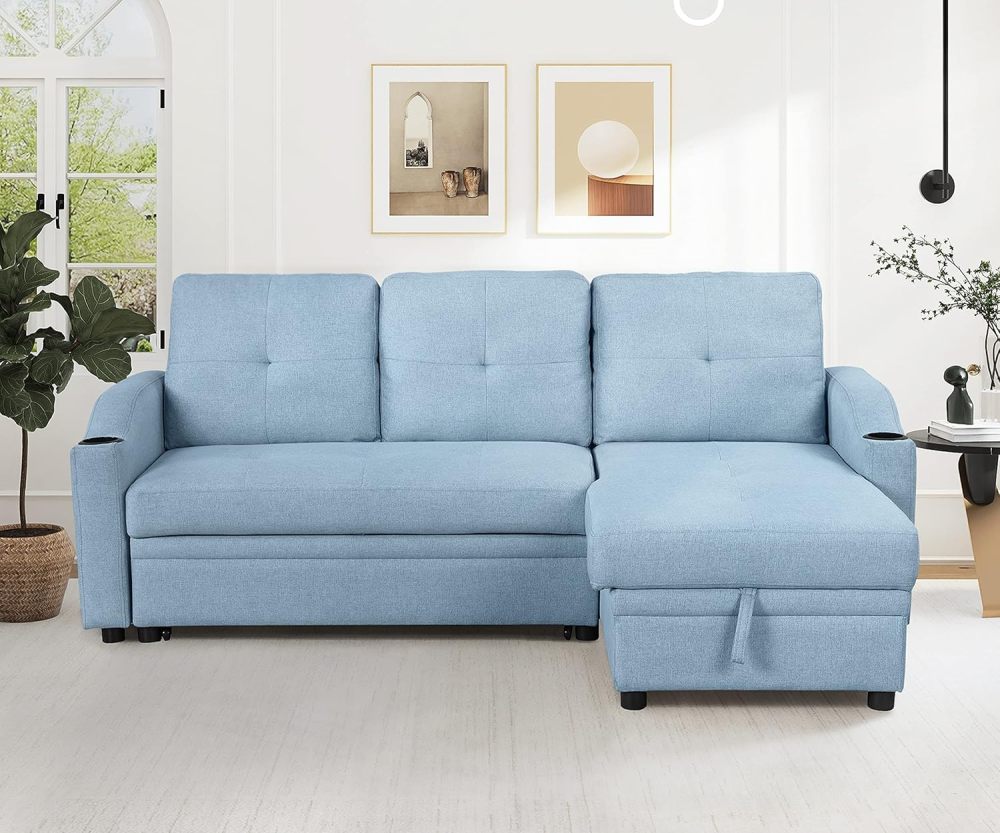 Sofá seccional convertible, sofá cama extraíble con 3 almohadas y 2 puertos USB