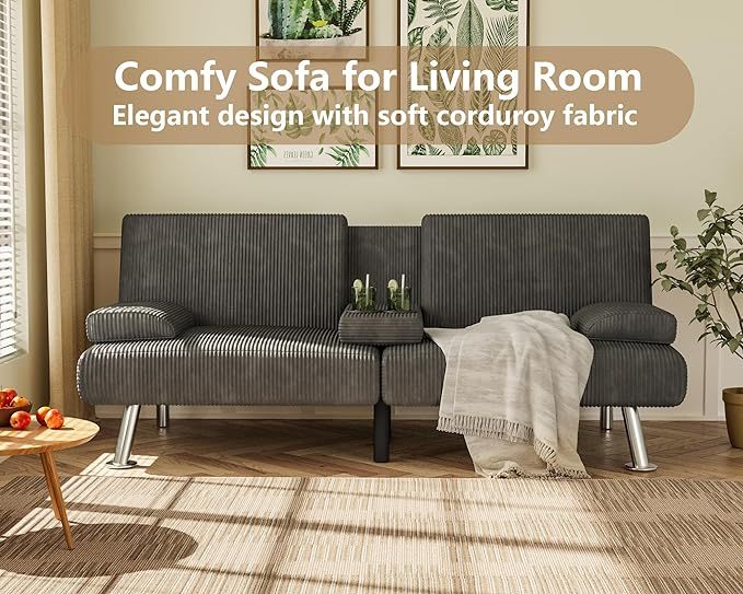 Futón sofá cama, sofá plegable de pana ajustable, sofá cama para apartamentos pequeños, juego de muebles tapizados para sala de estar con 2 soportes para tazas (verde)