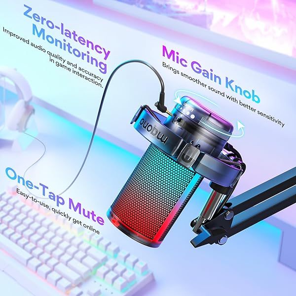 Micrófono USB para juegos, micrófono de condensador con cancelación de ruido, silenciador, ganancia, monitoreo y brazo articulado para transmisión