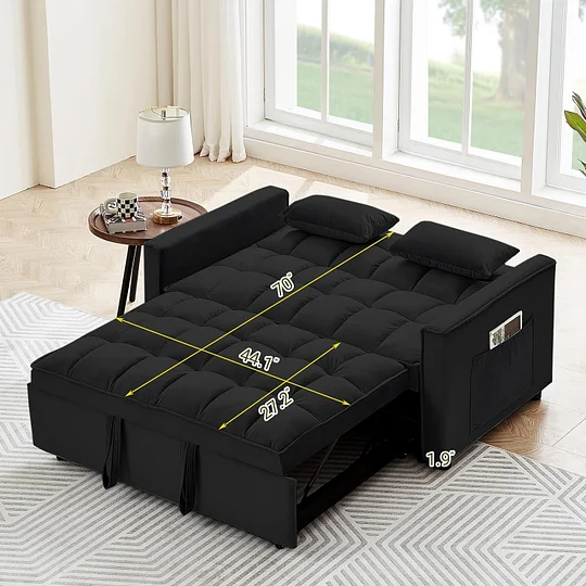 Sofá convertible de 55 pulgadas 3 en 1 sofá de terciopelo pequeño con cama extraíble, respaldo reclinable, almohadas y bolsillos, futón para sala de estar, departamento, oficina