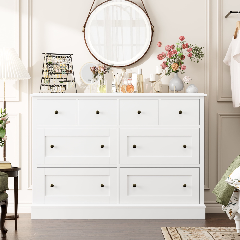 Cómoda horizontal combinada de 8 cajones para dormitorio, cómoda blanca moderna, mueble de almacenamiento de madera para sala de estar