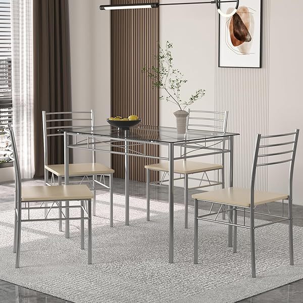 Mesa de comedor con 4 sillas [4 manteles individuales incluidos, negro, 43,3 x 27,5 x 30, 15,7 x 16,9 x 33,8] Juego de mesa de comedor negro para 4